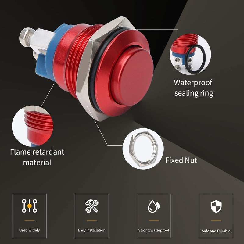 STARELO 16MM 5/8" Momentary Push Button Switch High Round 250V AC 5A 12V 36V DC 2A 1NO SPST Waterproof Aluminum Shell(Red). - Image 5
